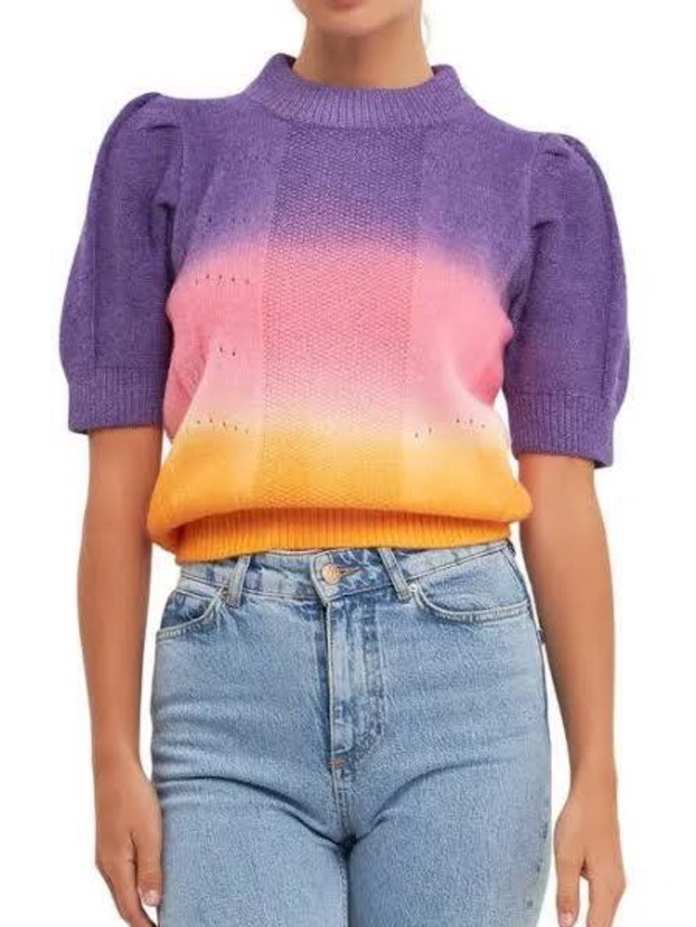 English factory puff sleeve ombré knit sweater in purple orange pink size small
